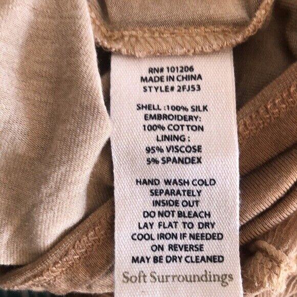 Soft Surroundings Women's Tawny Brown Crinkle Silk Tunic Top M embroider 2 pc - Picture 7 of 8